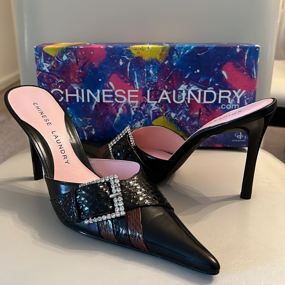 Chinese Laundry Black and Brown Heels with Rhinestone Buckle